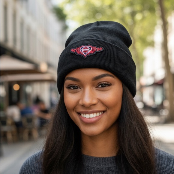 Women’s Black Knit Beanie With Heart and Wings Embroidered Harley Davidson Patch - Picture 1 of 5